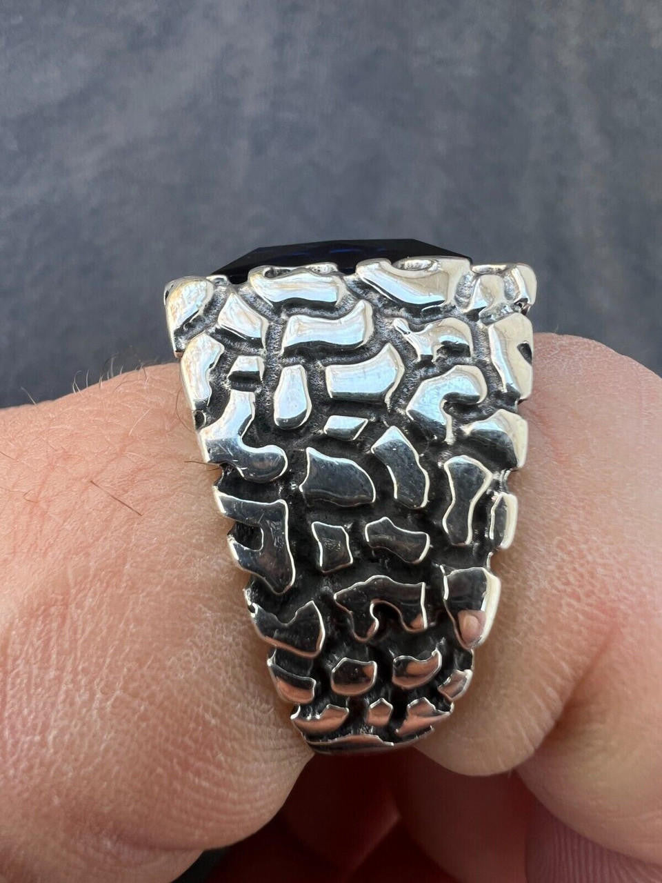 HarlemBling Mens Real 925 Sterling Silver Iced Simulated Blue Sapphire Nugget Hip Hop Ring