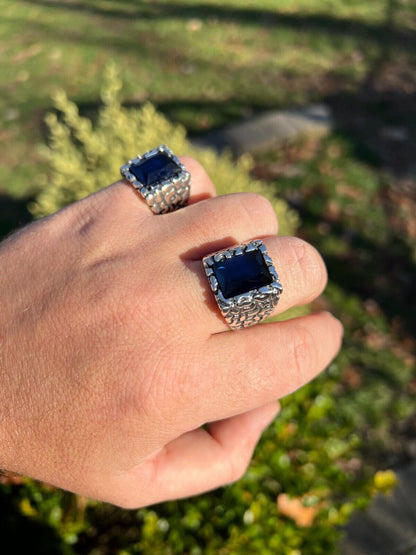 HarlemBling Mens Real 925 Sterling Silver Iced Simulated Blue Sapphire Nugget Hip Hop Ring