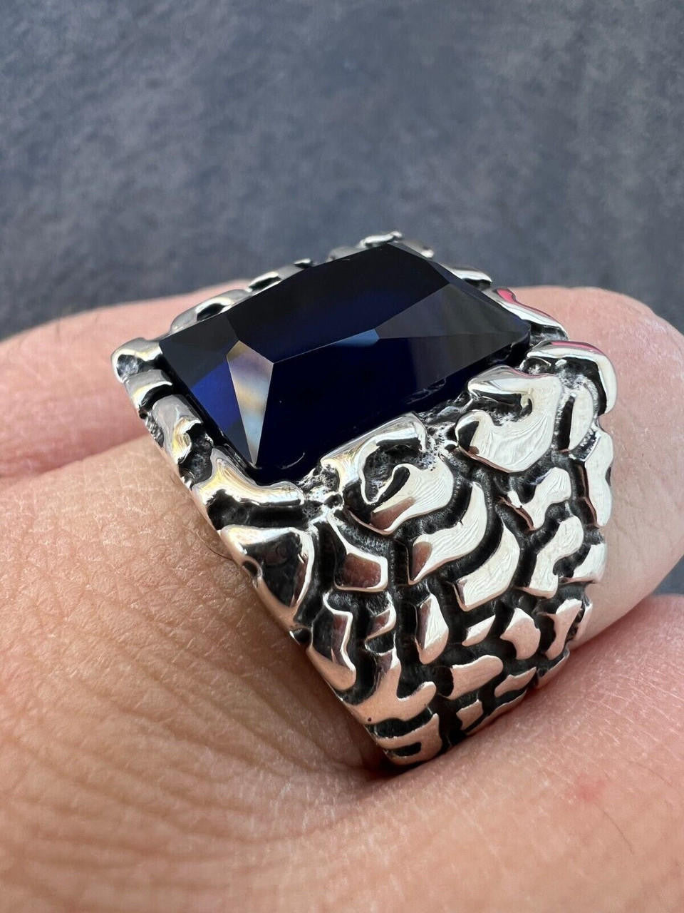 HarlemBling Mens Real 925 Sterling Silver Iced Simulated Blue Sapphire Nugget Hip Hop Ring