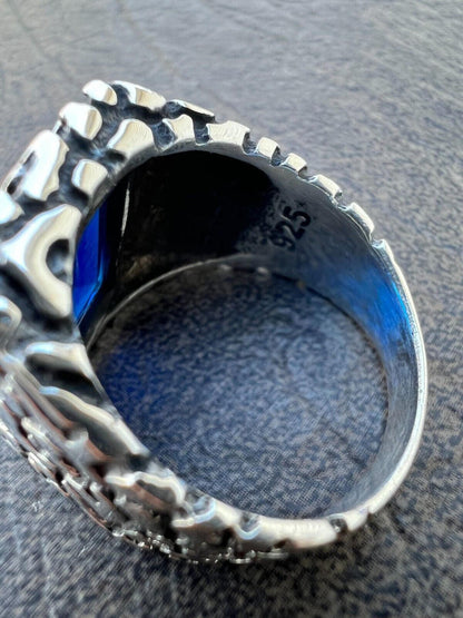 HarlemBling Mens Real 925 Sterling Silver Iced Simulated Blue Sapphire Nugget Hip Hop Ring