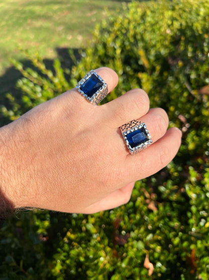 HarlemBling Mens Real 925 Sterling Silver Iced Simulated Blue Sapphire Nugget Hip Hop Ring