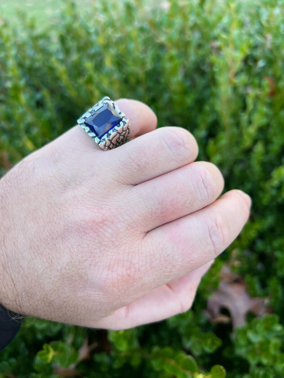 HarlemBling Mens Real 925 Sterling Silver Iced Simulated Blue Sapphire Nugget Hip Hop Ring