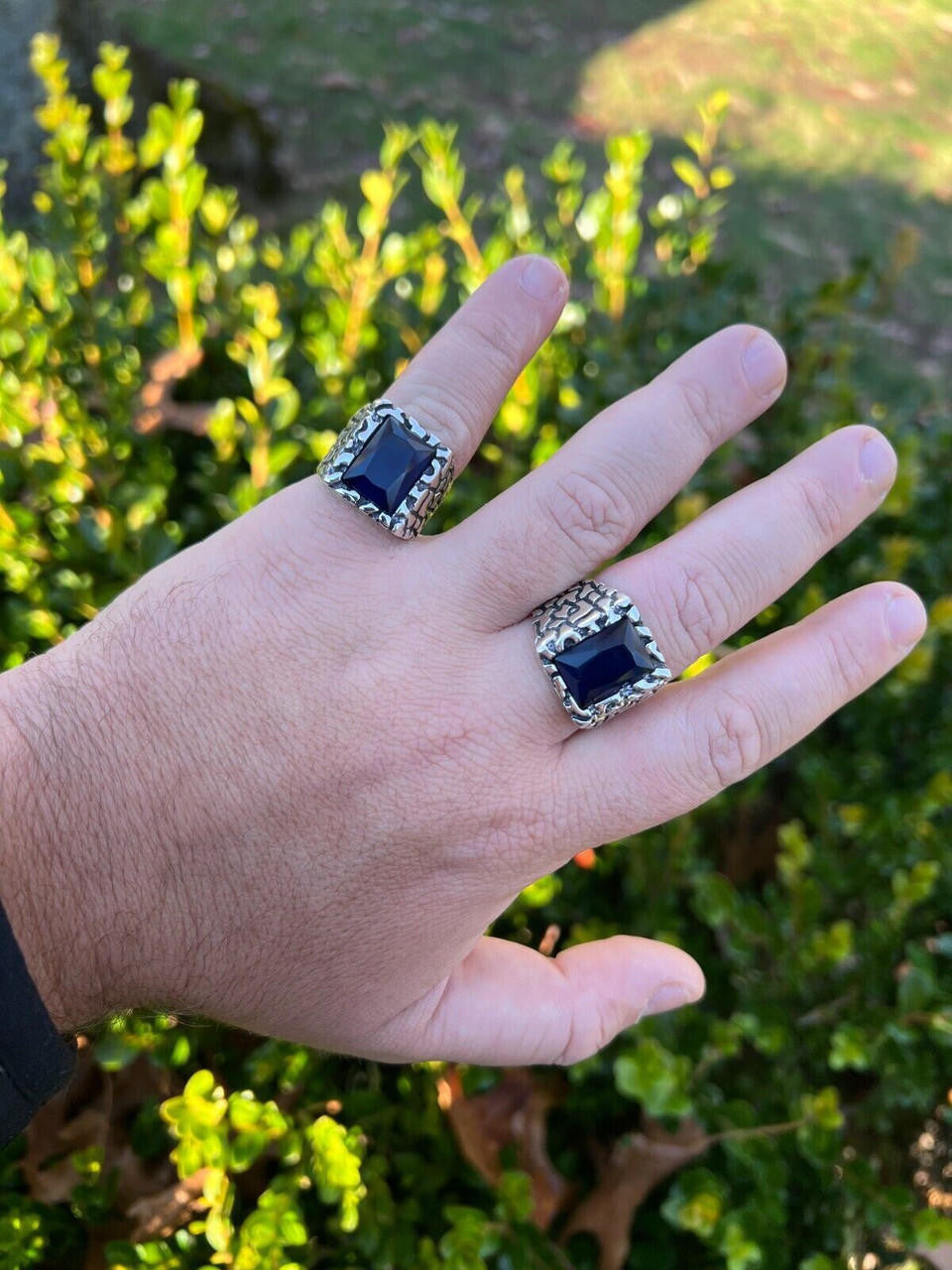 HarlemBling Mens Real 925 Sterling Silver Iced Simulated Blue Sapphire Nugget Hip Hop Ring