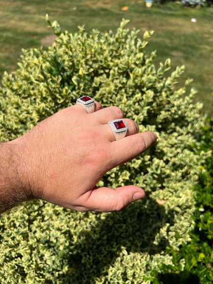 HarlemBling Mens Real 925 Sterling Silver Iced Simulated Red Ruby and CZ Hip Hop Ring Sz 6-13