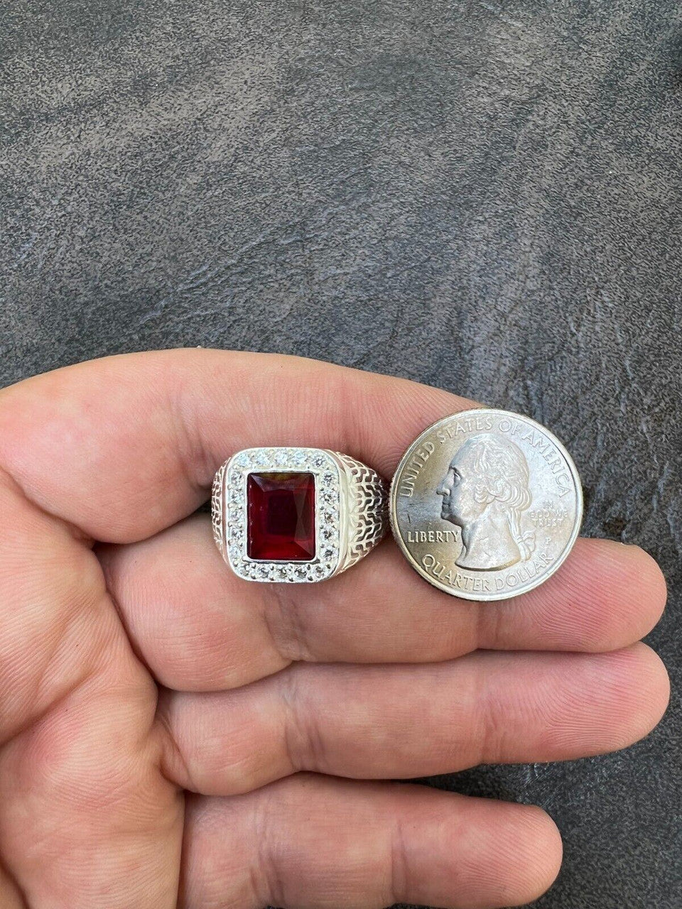 HarlemBling Mens Real 925 Sterling Silver Iced Simulated Red Ruby and CZ Hip Hop Ring Sz 6-13