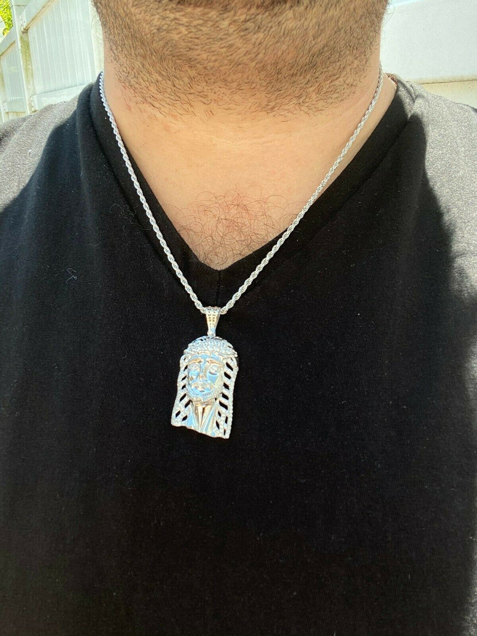 HarlemBling Mens Real 925 Sterling Silver Jesus Piece Necklace 1x1.5 Iced Hip Hop Pendant