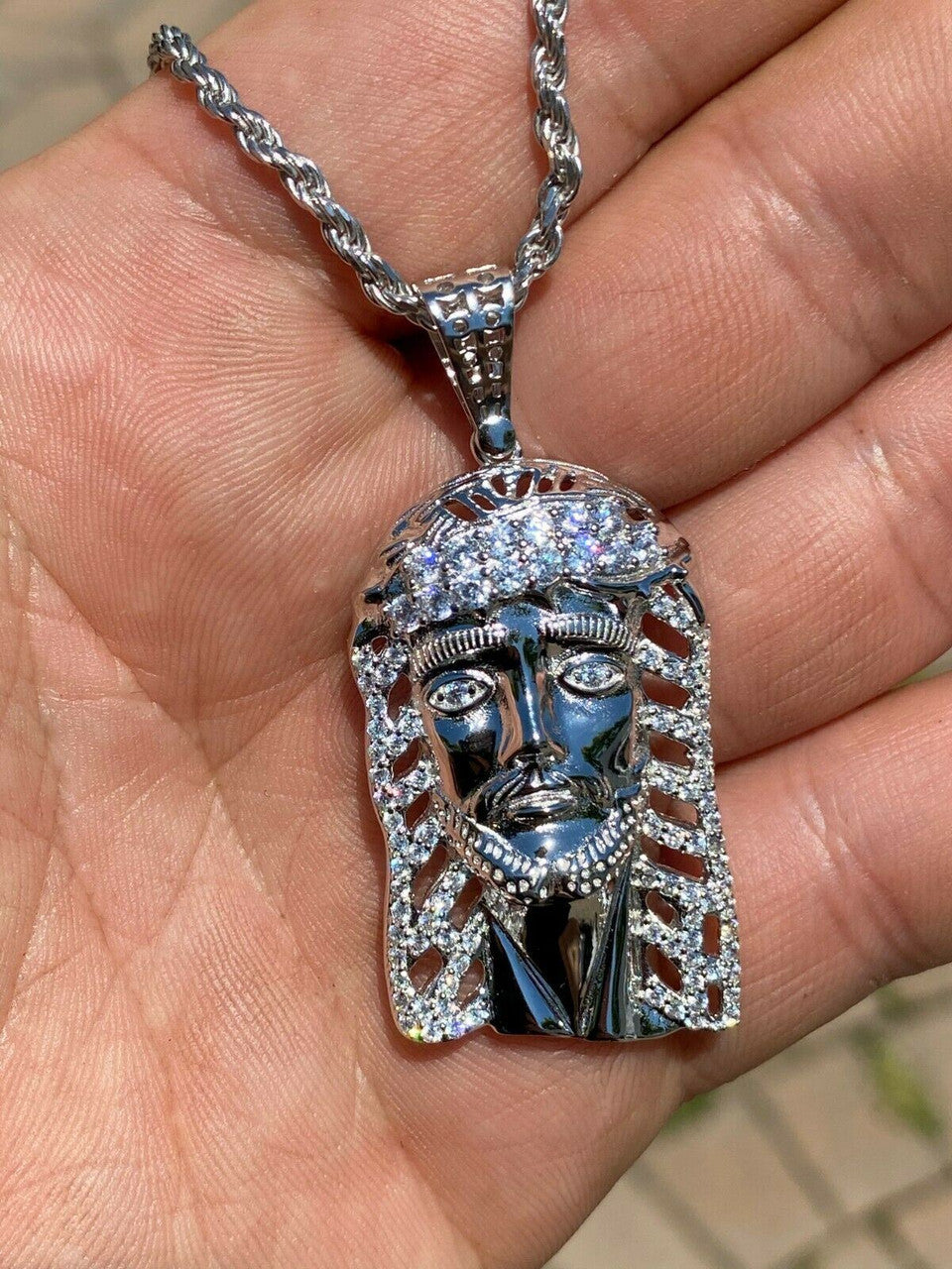 HarlemBling Mens Real 925 Sterling Silver Jesus Piece Necklace 1x1.5 Iced Hip Hop Pendant