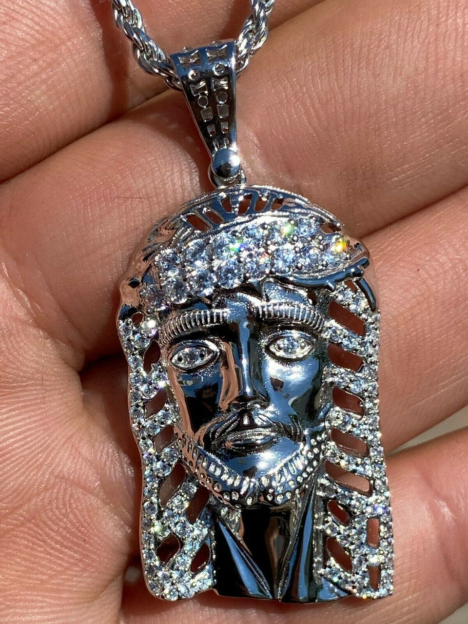 HarlemBling Mens Real 925 Sterling Silver Jesus Piece Necklace 1x1.5 Iced Hip Hop Pendant