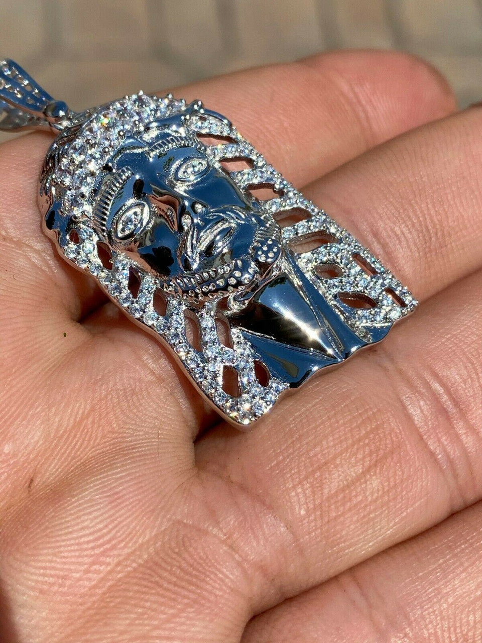 HarlemBling Mens Real 925 Sterling Silver Jesus Piece Necklace 1x1.5 Iced Hip Hop Pendant