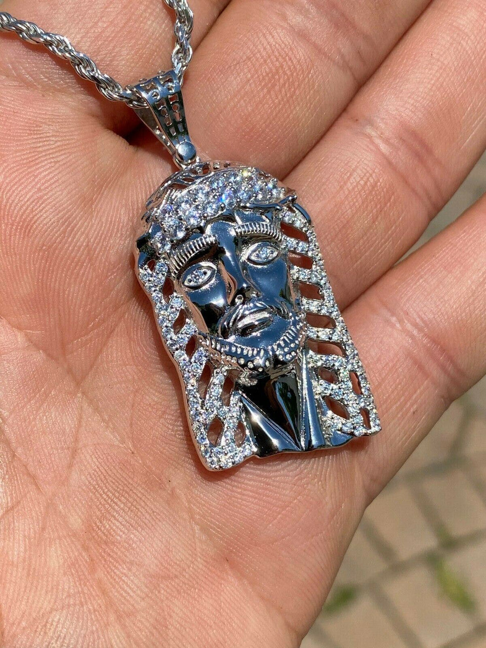 HarlemBling Mens Real 925 Sterling Silver Jesus Piece Necklace 1x1.5 Iced Hip Hop Pendant