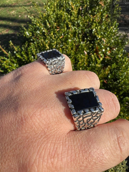 HarlemBling Mens Real 925 Sterling Silver Natural Black Onyx Gemstone Nugget Hip Hop Ring