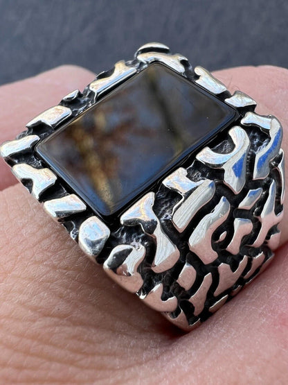 HarlemBling Mens Real 925 Sterling Silver Natural Black Onyx Gemstone Nugget Hip Hop Ring