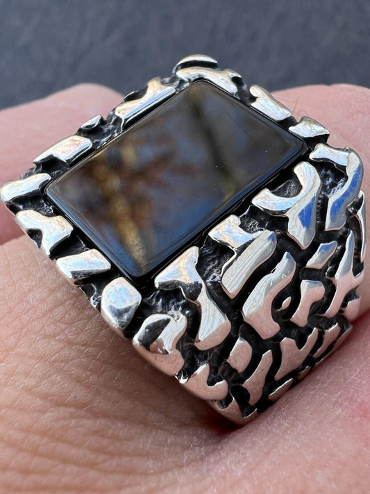 HarlemBling Mens Real 925 Sterling Silver Natural Black Onyx Gemstone Nugget Hip Hop Ring