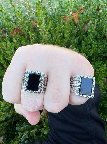 HarlemBling Mens Real 925 Sterling Silver Natural Black Onyx Gemstone Nugget Hip Hop Ring