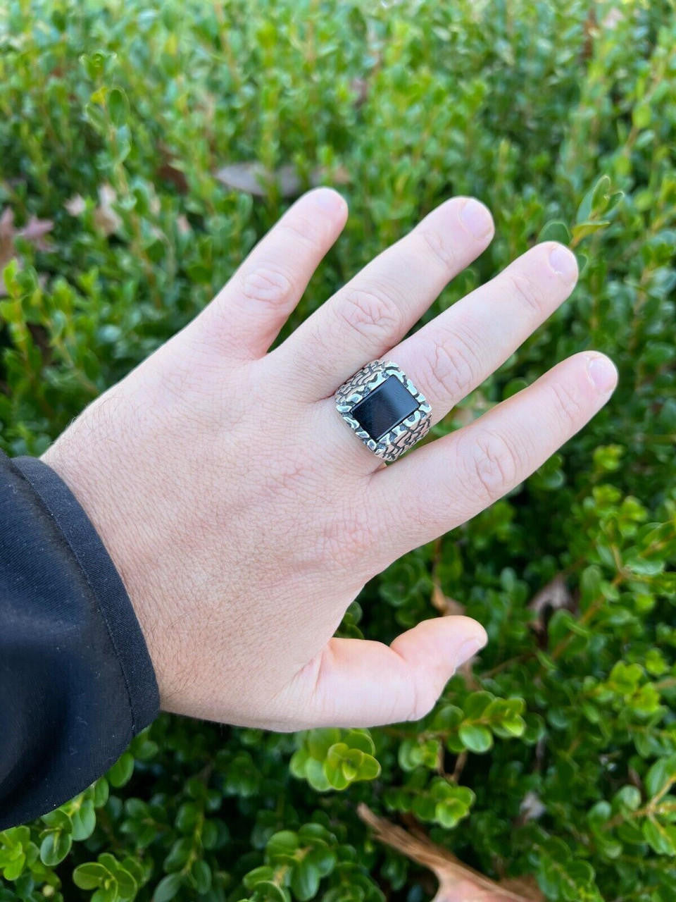 HarlemBling Mens Real 925 Sterling Silver Natural Black Onyx Gemstone Nugget Hip Hop Ring