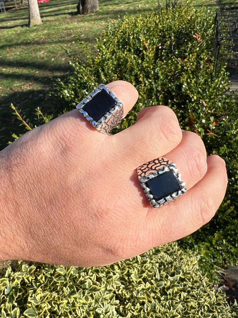 HarlemBling Mens Real 925 Sterling Silver Natural Black Onyx Gemstone Nugget Hip Hop Ring