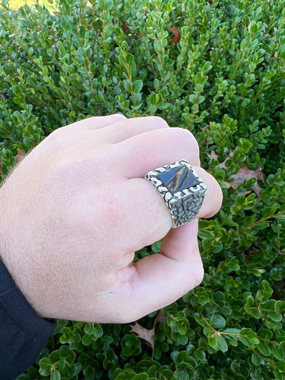 HarlemBling Mens Real 925 Sterling Silver Natural Black Onyx Gemstone Nugget Hip Hop Ring