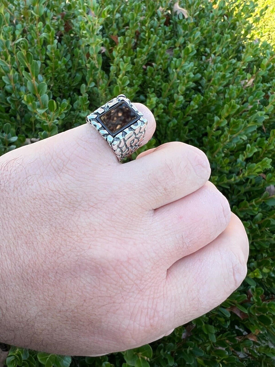 HarlemBling Mens Real 925 Sterling Silver Natural Black Onyx Gemstone Nugget Hip Hop Ring