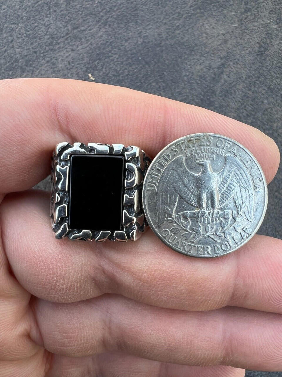 HarlemBling Mens Real 925 Sterling Silver Natural Black Onyx Gemstone Nugget Hip Hop Ring