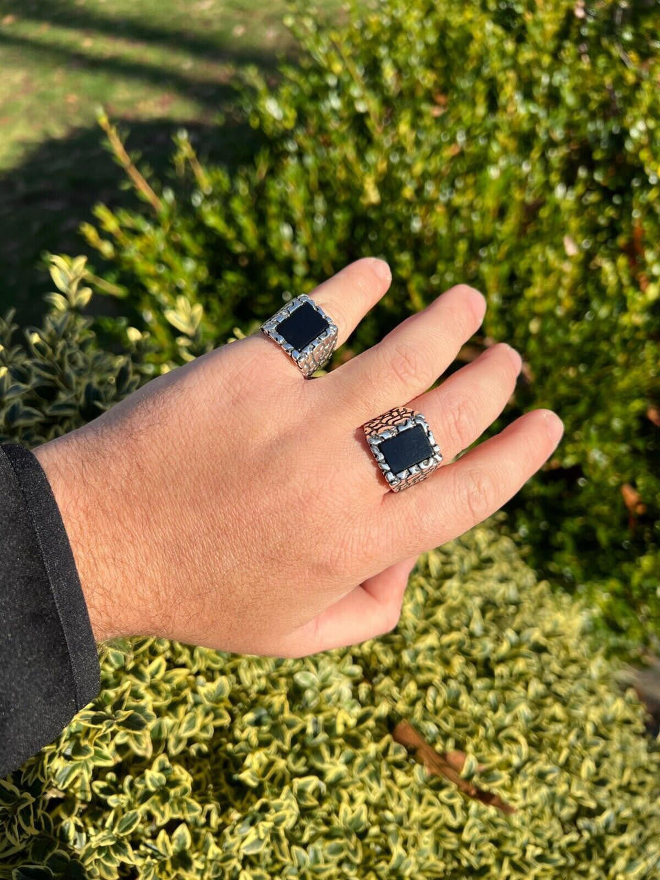 HarlemBling Mens Real 925 Sterling Silver Natural Black Onyx Gemstone Nugget Hip Hop Ring