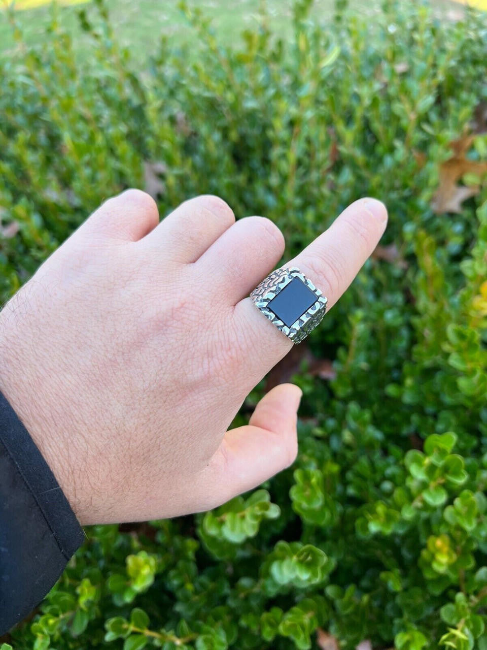 HarlemBling Mens Real 925 Sterling Silver Natural Black Onyx Gemstone Nugget Hip Hop Ring