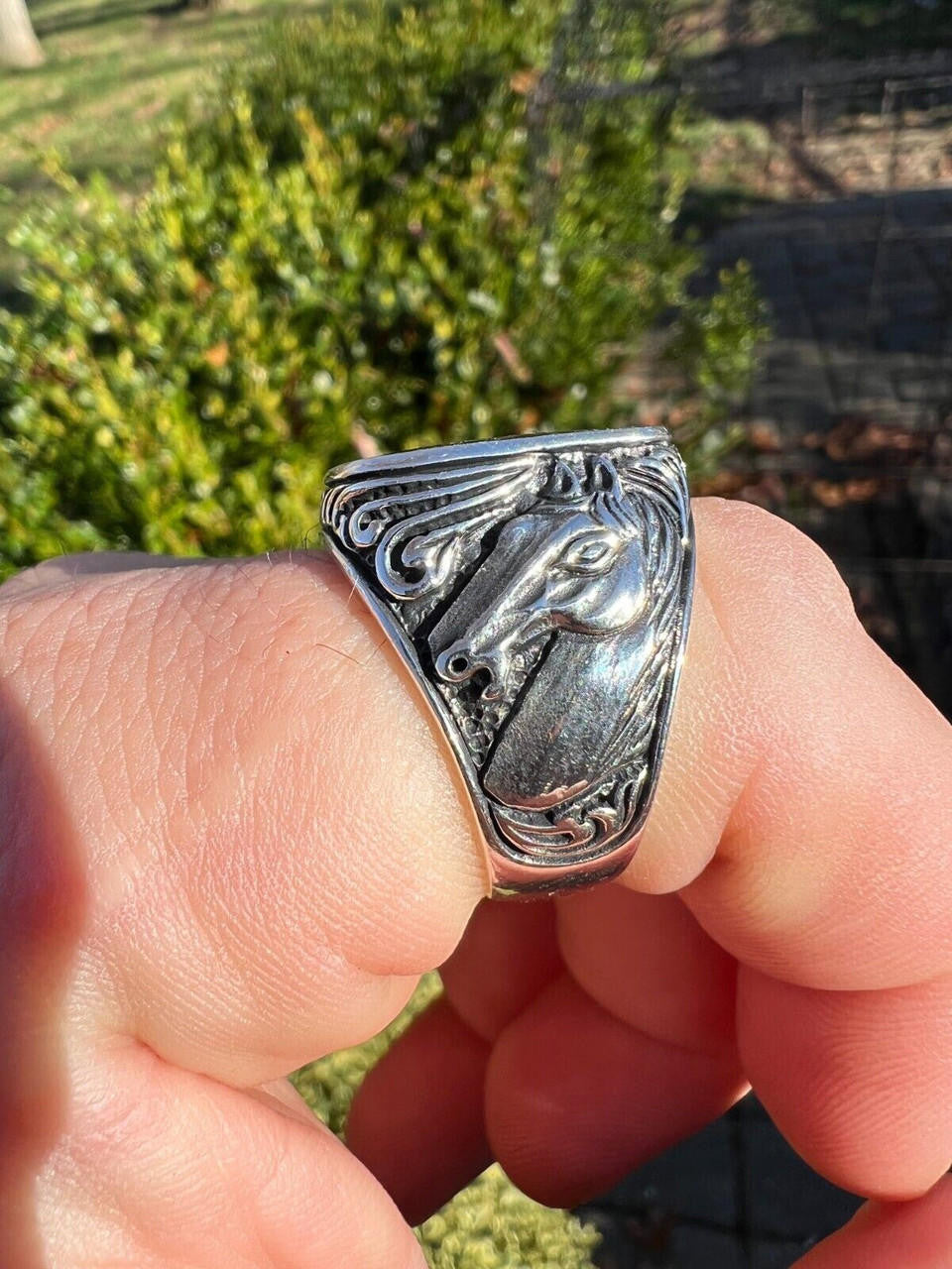 HarlemBling Mens Real 925 Sterling Silver Natural Black Onyx Gemstone W. Horse Design Ring