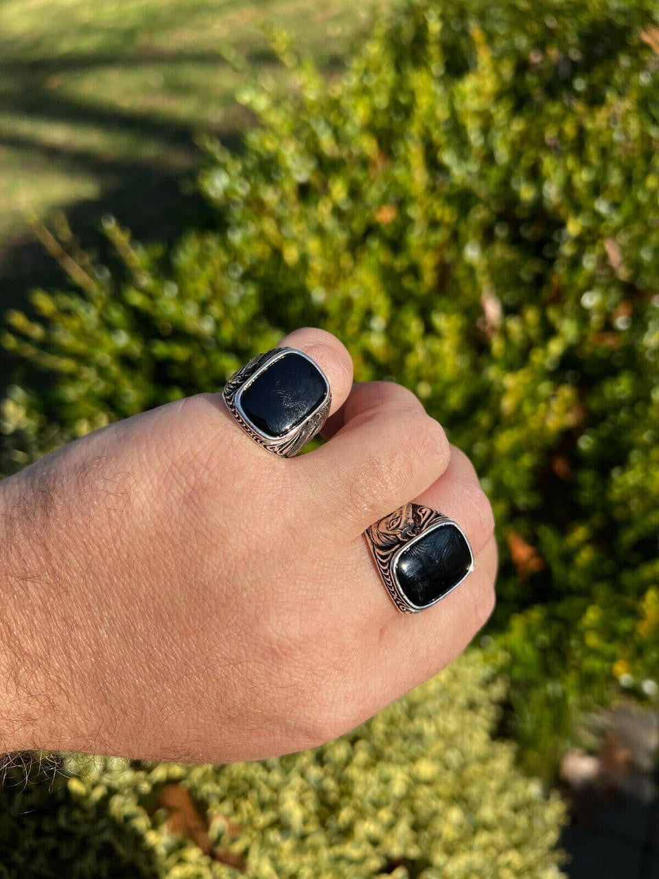 HarlemBling Mens Real 925 Sterling Silver Natural Black Onyx Gemstone W. Horse Design Ring