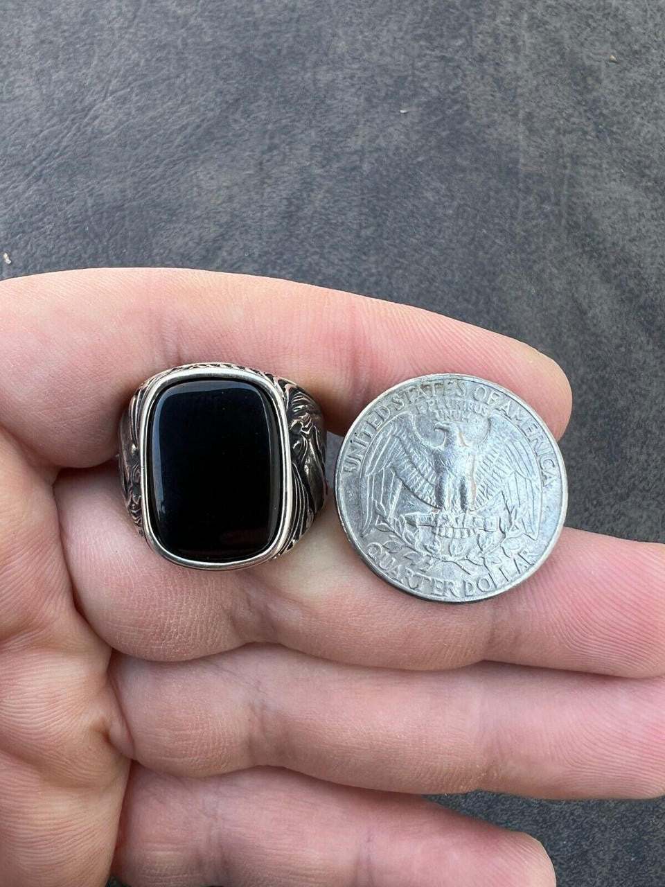 HarlemBling Mens Real 925 Sterling Silver Natural Black Onyx Gemstone W. Horse Design Ring