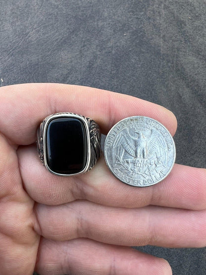 HarlemBling Mens Real 925 Sterling Silver Natural Black Onyx Gemstone W. Horse Design Ring