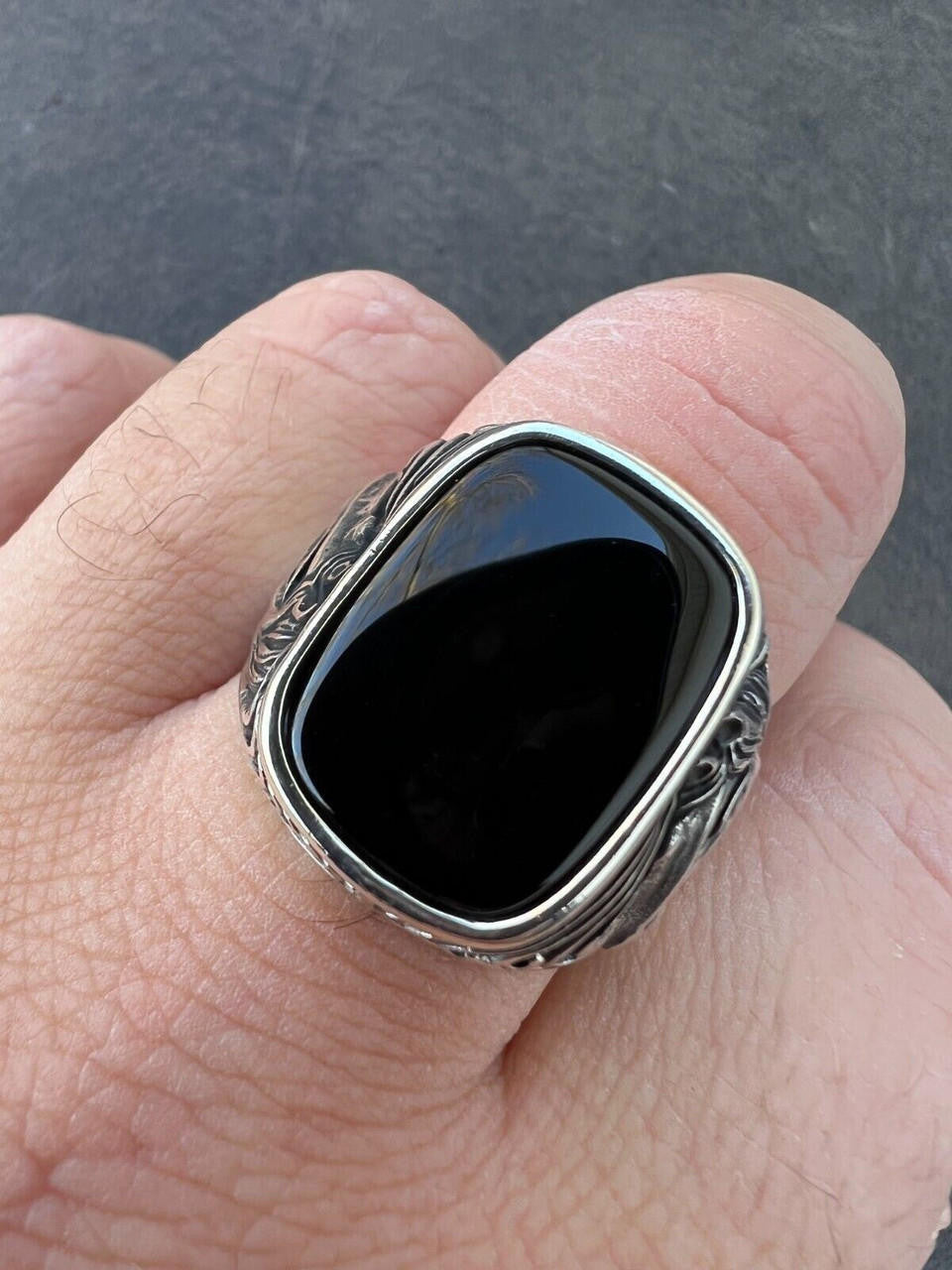 HarlemBling Mens Real 925 Sterling Silver Natural Black Onyx Gemstone W. Horse Design Ring