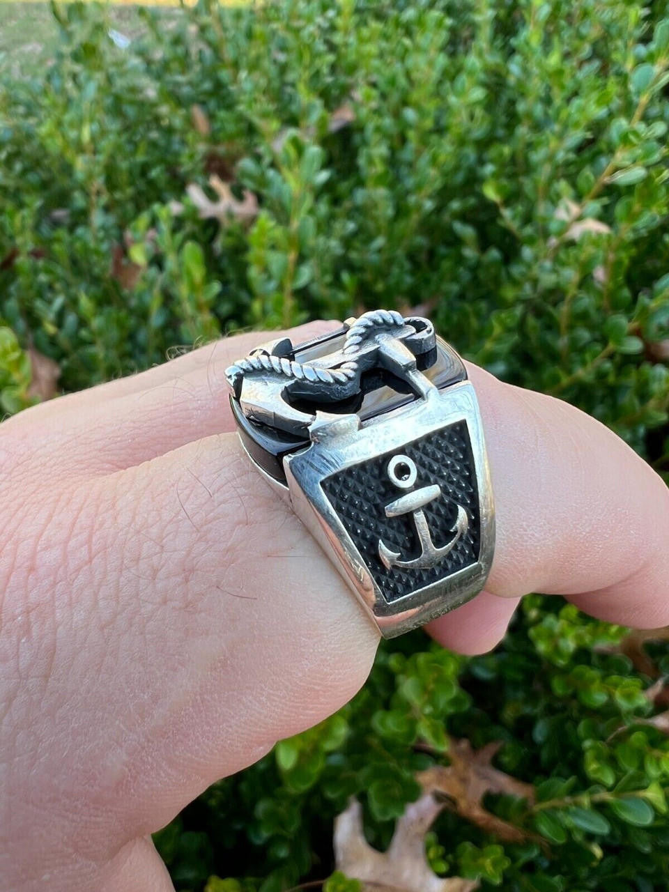 HarlemBling Mens Real 925 Sterling Silver Natural Black Onyx W. Anchor Sailor Maritime Ring