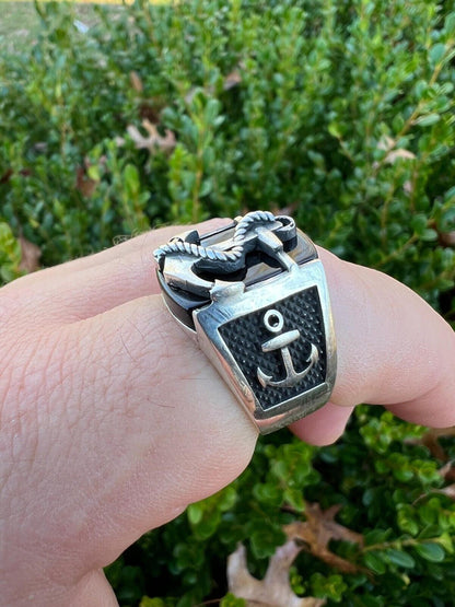 HarlemBling Mens Real 925 Sterling Silver Natural Black Onyx W. Anchor Sailor Maritime Ring