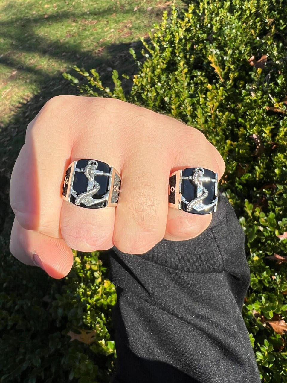 HarlemBling Mens Real 925 Sterling Silver Natural Black Onyx W. Anchor Sailor Maritime Ring