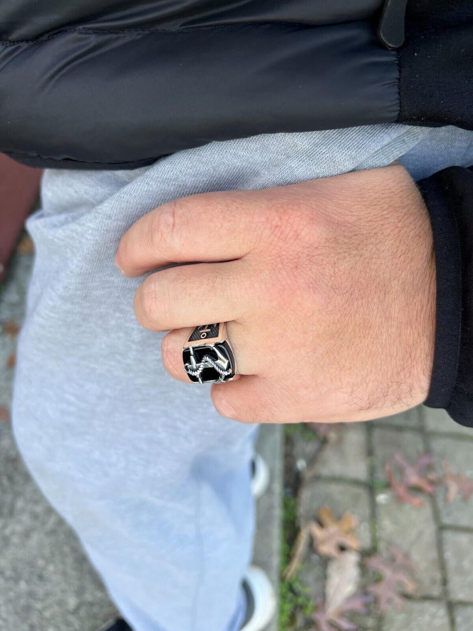 HarlemBling Mens Real 925 Sterling Silver Natural Black Onyx W. Anchor Sailor Maritime Ring