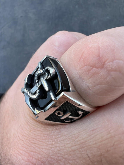 HarlemBling Mens Real 925 Sterling Silver Natural Black Onyx W. Anchor Sailor Maritime Ring