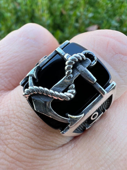 HarlemBling Mens Real 925 Sterling Silver Natural Black Onyx W. Anchor Sailor Maritime Ring
