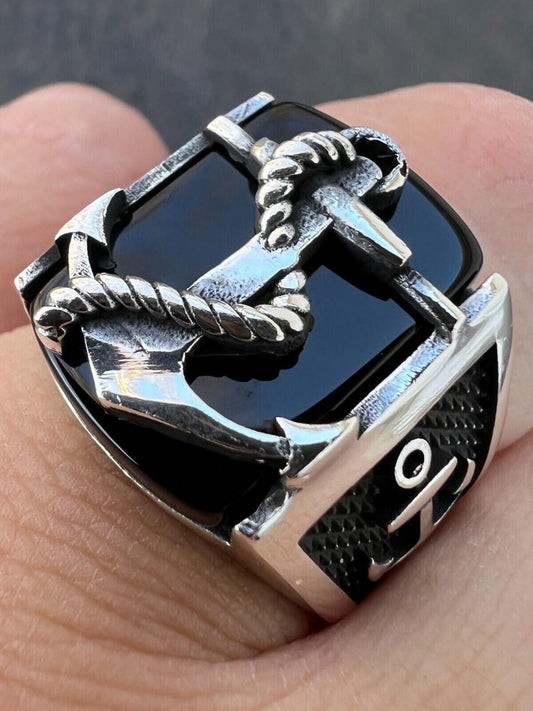 HarlemBling Mens Real 925 Sterling Silver Natural Black Onyx W. Anchor Sailor Maritime Ring