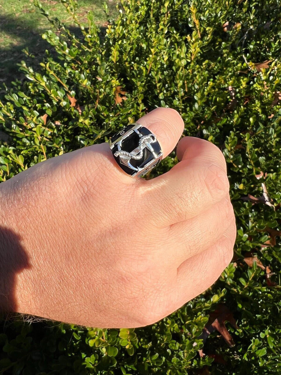 HarlemBling Mens Real 925 Sterling Silver Natural Black Onyx W. Anchor Sailor Maritime Ring