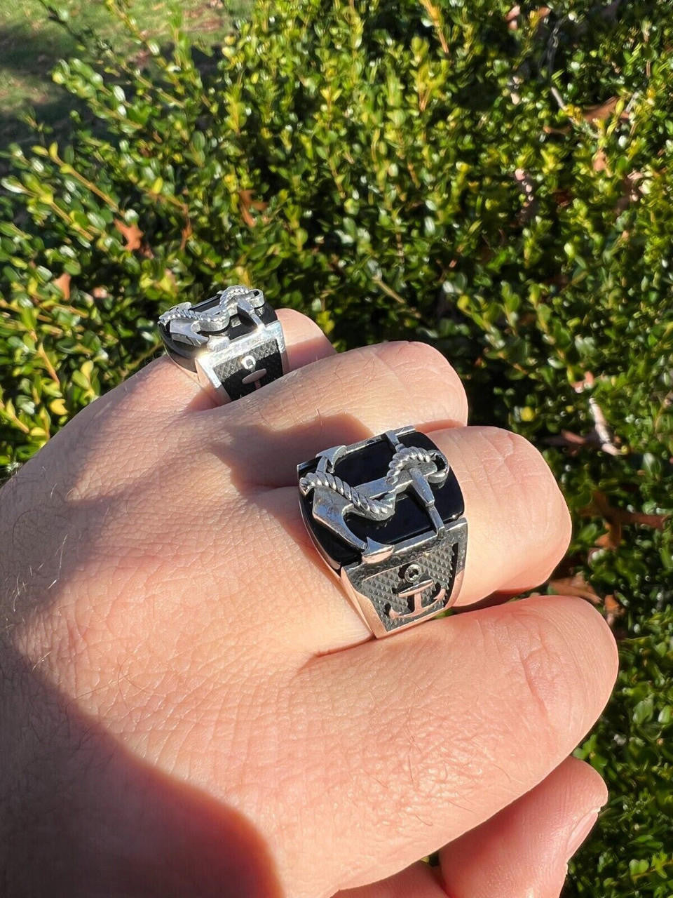 HarlemBling Mens Real 925 Sterling Silver Natural Black Onyx W. Anchor Sailor Maritime Ring