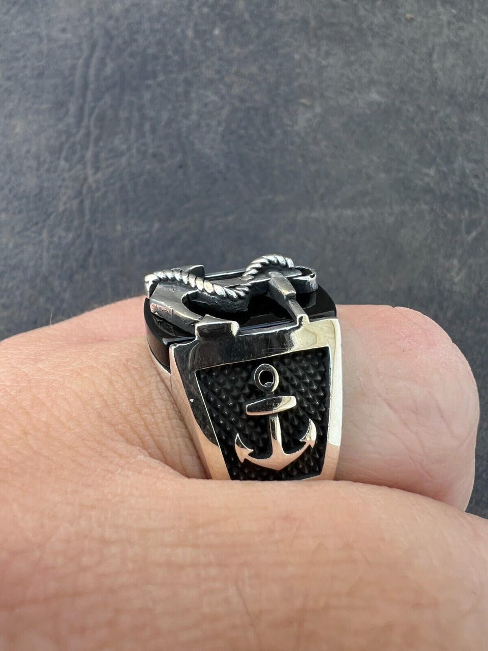 HarlemBling Mens Real 925 Sterling Silver Natural Black Onyx W. Anchor Sailor Maritime Ring