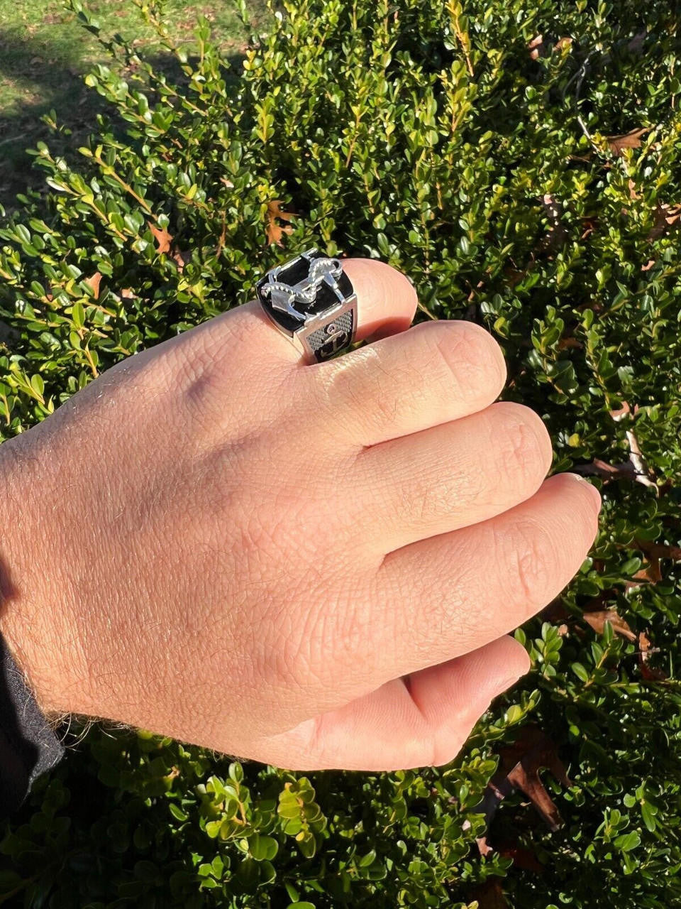 HarlemBling Mens Real 925 Sterling Silver Natural Black Onyx W. Anchor Sailor Maritime Ring