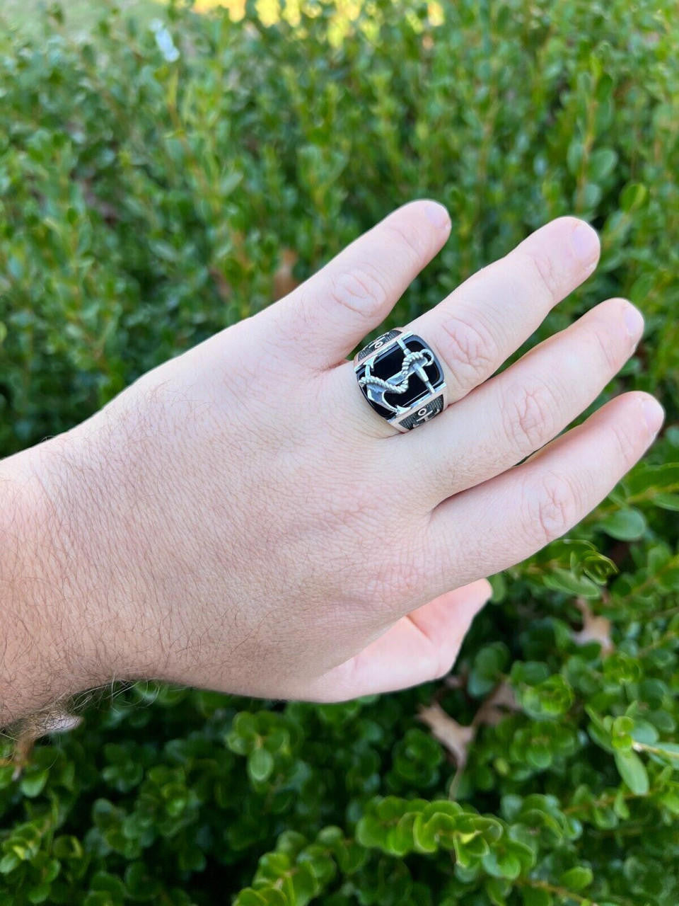 HarlemBling Mens Real 925 Sterling Silver Natural Black Onyx W. Anchor Sailor Maritime Ring