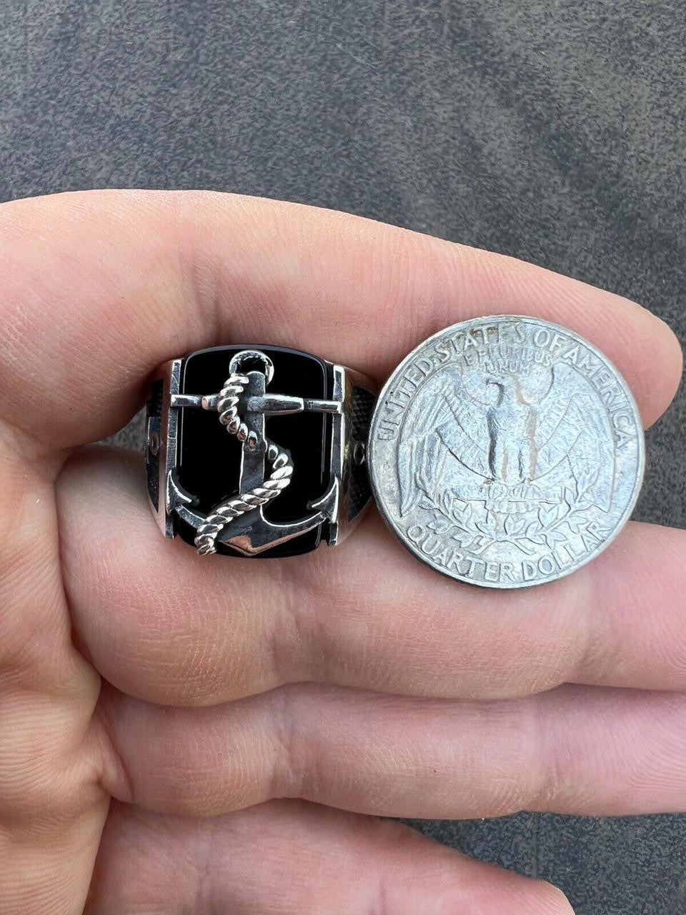 HarlemBling Mens Real 925 Sterling Silver Natural Black Onyx W. Anchor Sailor Maritime Ring