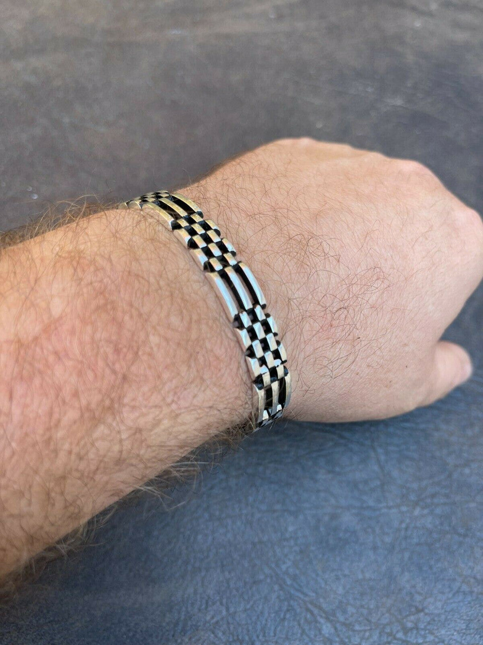 HarlemBling Mens Real 925 Sterling Silver Oxidized Black Rhodium Panther Link Bracelet 10mm