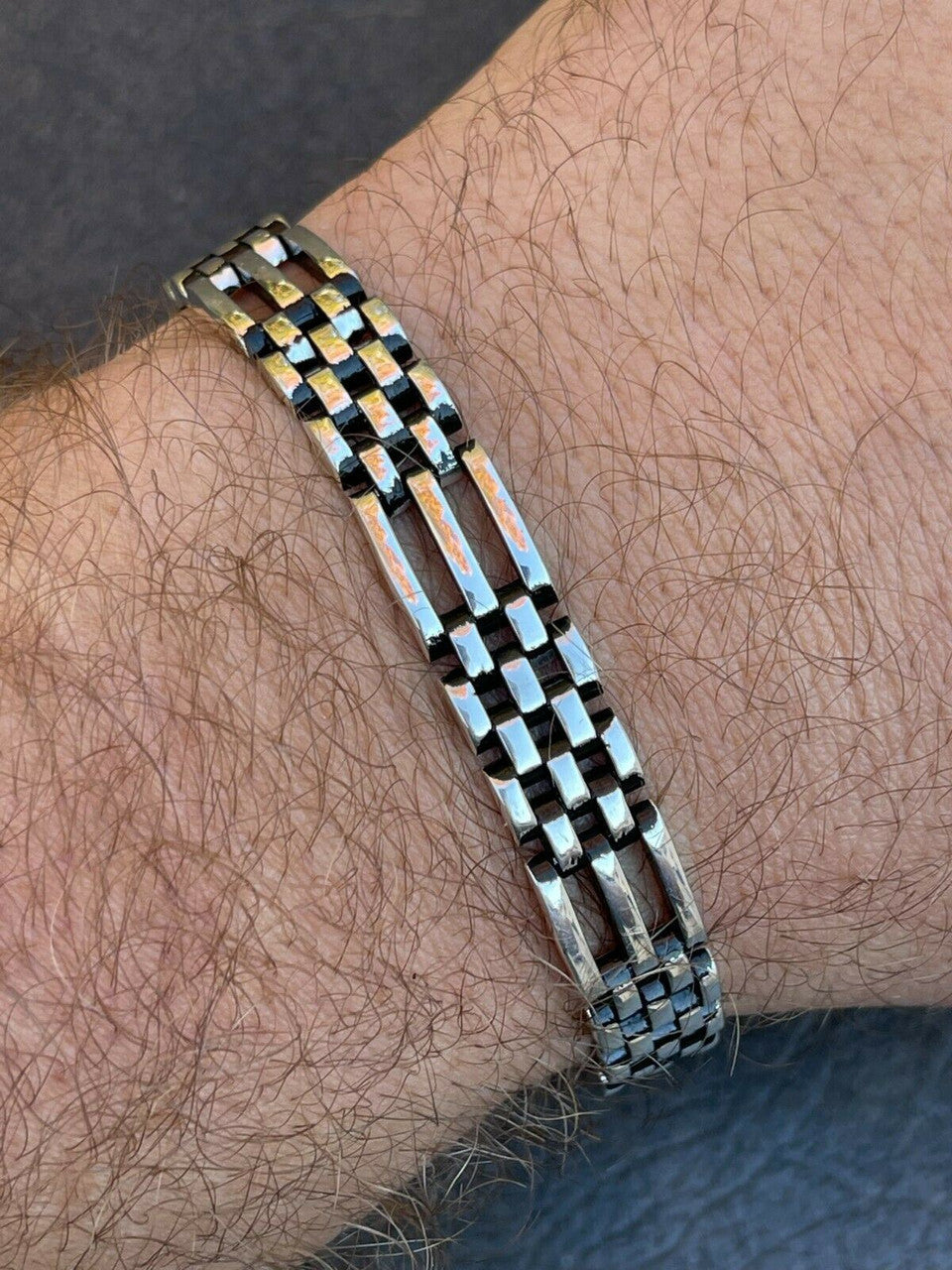 HarlemBling Mens Real 925 Sterling Silver Oxidized Black Rhodium Panther Link Bracelet 10mm