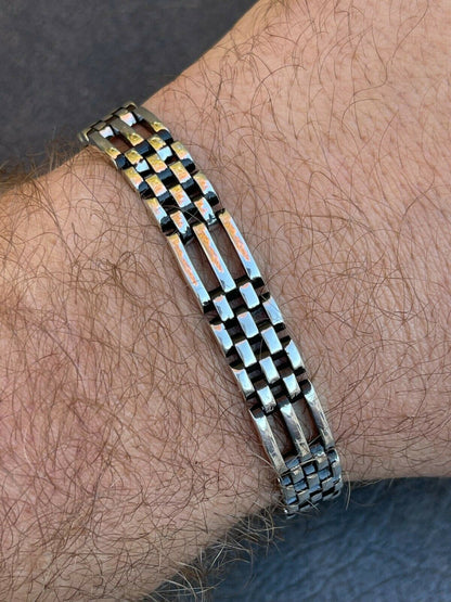 HarlemBling Mens Real 925 Sterling Silver Oxidized Black Rhodium Panther Link Bracelet 10mm