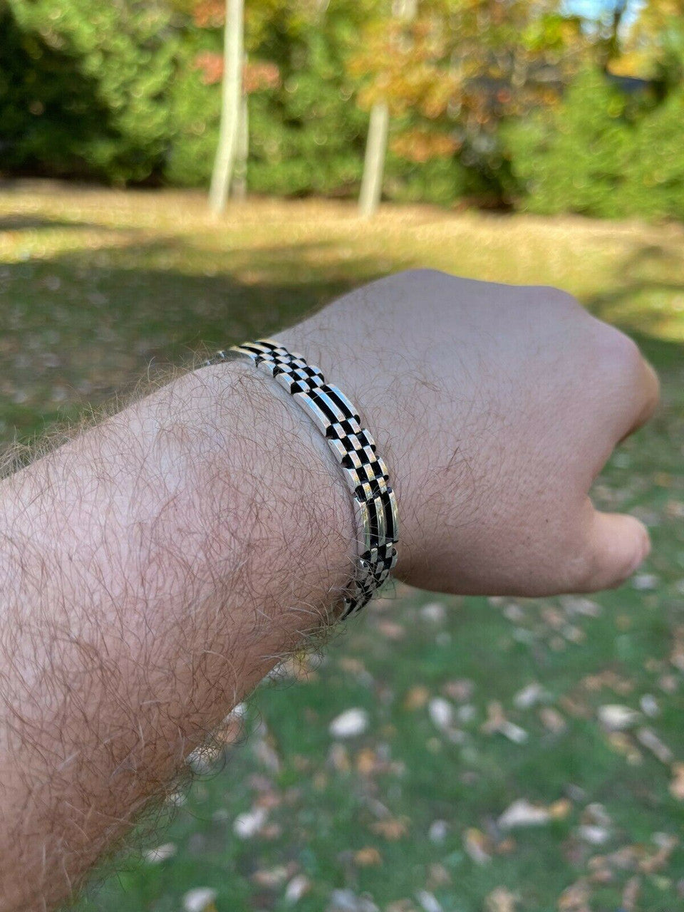 HarlemBling Mens Real 925 Sterling Silver Oxidized Black Rhodium Panther Link Bracelet 10mm