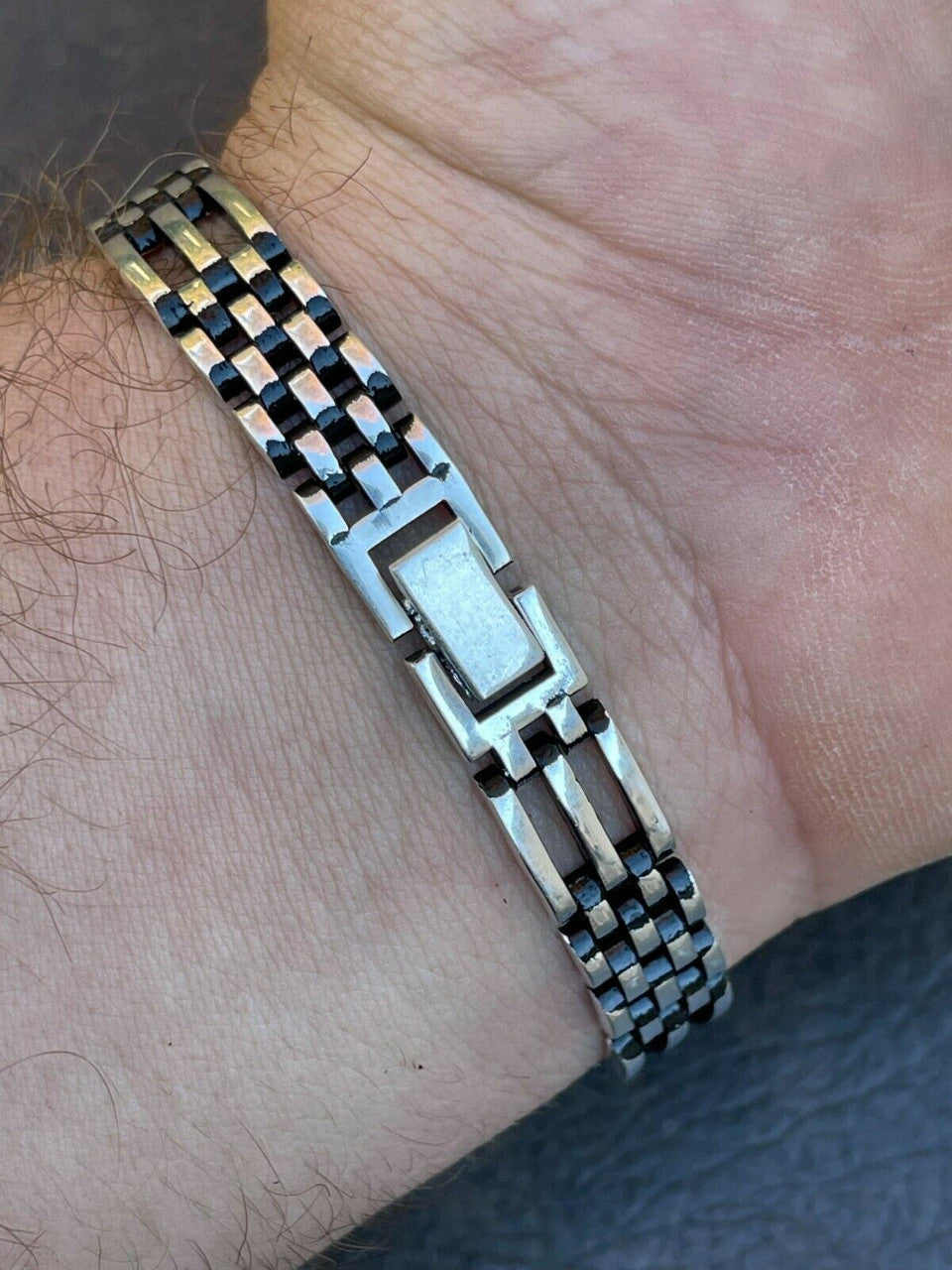 HarlemBling Mens Real 925 Sterling Silver Oxidized Black Rhodium Panther Link Bracelet 10mm