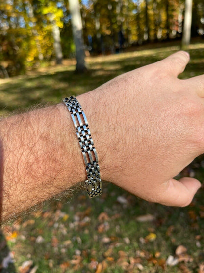 HarlemBling Mens Real 925 Sterling Silver Oxidized Black Rhodium Panther Link Bracelet 10mm