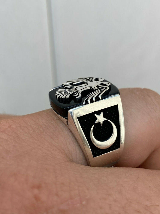 HarlemBling Mens Real 925 Sterling Silver Ring Albanian Double Headed Eagle Islamic Crescent